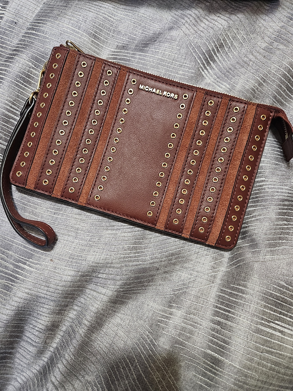 Michael Kors Brown Studded Leather Wristlet Clutch